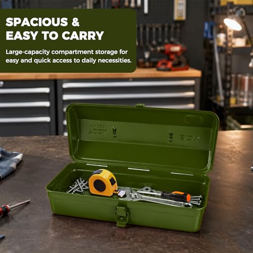 14.6" Metal Tool Box with Lock, Portable Steel Tool Storage Case with Handle, Hardware Organizer for Workshop Garage Car Repair (Green) Green