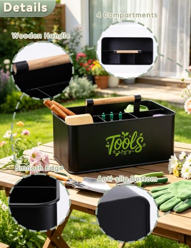Gardening Tool Caddy, Wooden Handle and 4 Compartments Black