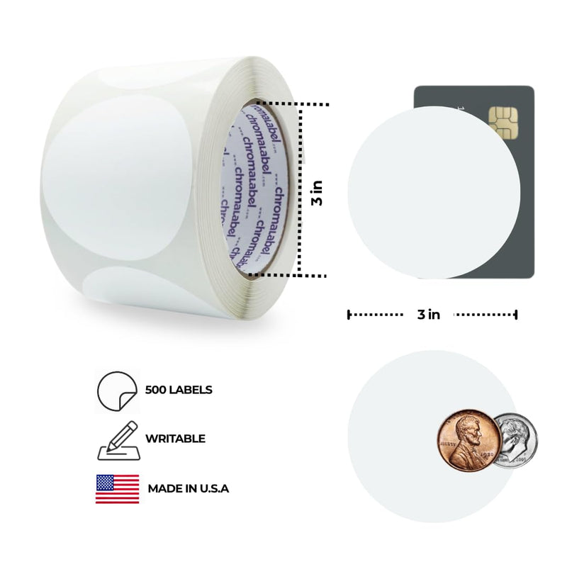 ChromaLabel 3 Inch Circle Sticker Labels, Easy to Write On Round Colored Stickers, High Visibility Permanent Labels - 500 Sticky Dots per Roll, White Dot Stickers 3"