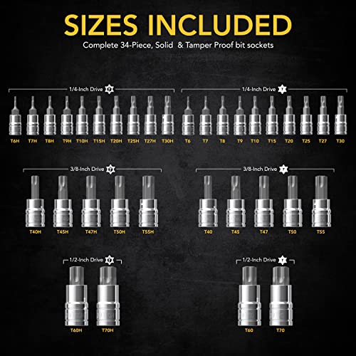 LEXIVON Master TORX Bit Socket Set, Premium S2 Alloy Steel | Complete 34-Piece, Solid Star & Tamper Proof T6 ~ T70 | Enhanced Storage Case (LX-149) Master Torx Set