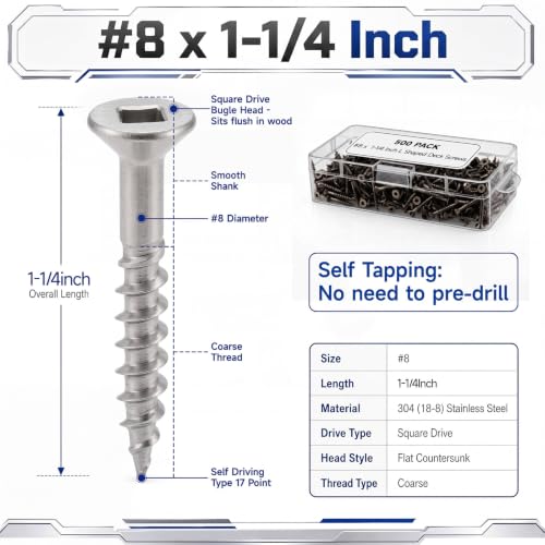 500 Pack #8 x 1-1/4 Inch Deck Screws, 304 (18-8) Stainless Steel Wood Screw