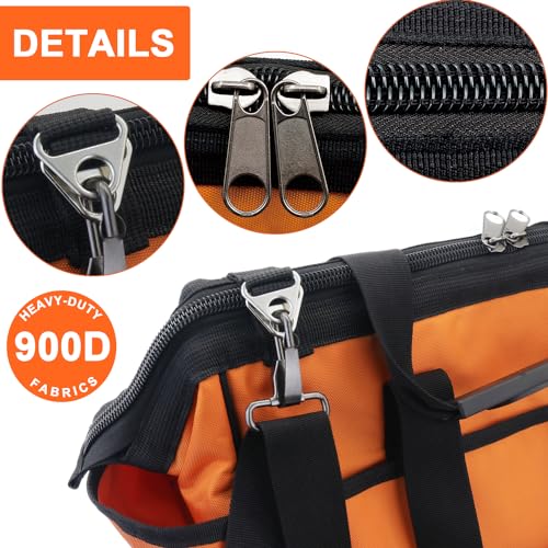 16 Inch Heavy Duty Tool Bag - Molded Plastic Base, Waterproof 900D Oxford Cloth, 16 Pockets Wide Mouth Tool Organizer with Shoulder Strap for Power/Hand Tools (Orange) YT-STBAG-1601