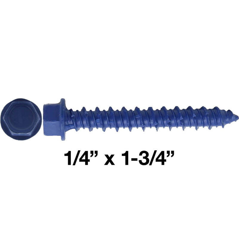Blue Concrete Anchor Screws 1/4" x 1-3/4" Carbon Steel Hardened - Interior & Exterior Coated Rust and Corrosion Resistant Screws (Qty 100) 1/4" x 1-3/4" 100 Count