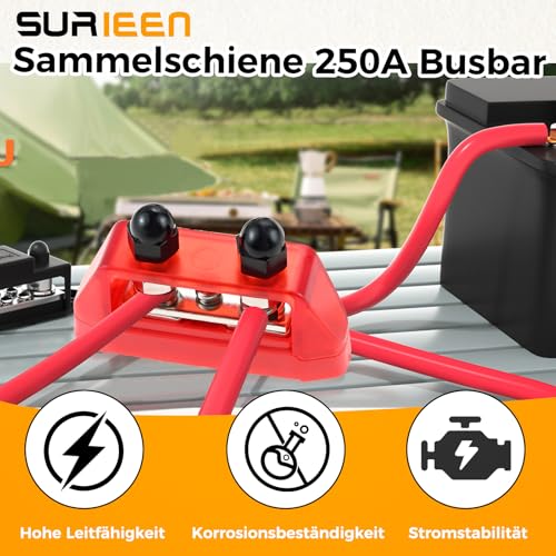12V-48V DC Busbar 250A Busbar, Red + Black Power Distribution, M10 Bolt Battery Busbar for Car Solar Boat Truck, Red