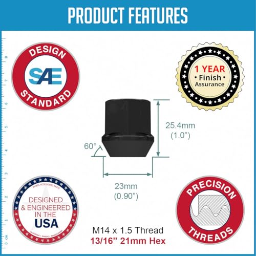 Wheel Accessories Parts 24 Pcs M14x1.5 14x1.5 Thread OE Bulge Acorn Lug Nuts 1.0" 25mm Long Black 13/16" 21mm Hex Fits Ford F-150 Bronco Ranger (Raptor Only) Expedition ｜ Lincoln Navigator OE Wheels Ford Trucks