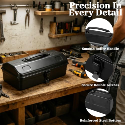 Small Metal Tool Box 12 Inch Metal Box with Lid Steel Tool Box 1PCS Black 12IN
