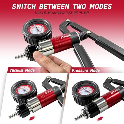 Handheld Vacuum Pump Brake Bleeder Kit, Multi-Functional Vacuum & Pressure Tester Set with Gauge, Hoses, Adapters and Fluid Reservoirs, for Automotive Brake, Clutch and Fluid Extraction ((23PC-Red)) (23PC-Red)