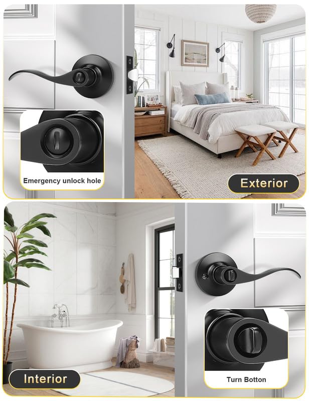 Mengico 2 Pack Door Lever Interior,Black Lever Door Handle,Modern Door Handle Privacy Door Lever(for Bedroom Bathroom),Reversible Wave Lever Handles Black