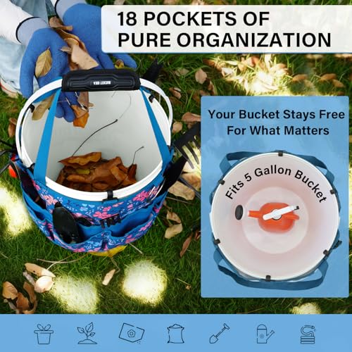 KUNN Garden Tool Waist Belt - 4 Deep Pockets Tool Apron for Women Men,Utility Pouch + Bucket Organizer 5 Gallon 18-Pocket Tool Bucket Bag with 6 Hooks