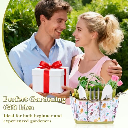 15-Piece Garden Tool Set for Women, Heavy Duty Gardening Kit with Floral Garden Bag, Steel Garden Hand Tools, Plant Labels, Gloves, Gardening Gift Basket for Men Gardeners Plant Lovers, Green