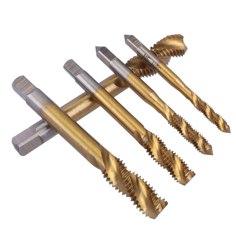 Mesee 9 pieces spiral tap, HSS titanium coated tap, spiral groove drill machine tap set, metric thread steel tap set tools - M2 M2.5 M3 M4 M5 M6 M8 M10 M12
