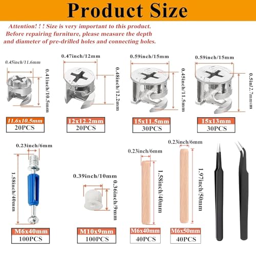 380PCS Cam Locks for Furniture,Include 300 Multi-Size Cam Bolt & Nuts Set and 80 Wood Dowel Pins,3-in-1 Eccentric Wheels Furniture Cam Lock Fasteners for Cabinet,Wardrobe and Drawer 380PCS-Silver