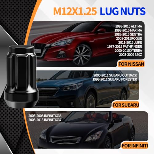 20pcs M12x1.25 Spline Lug Nut with 1 Socket Key Fit for Altima Rogue Pathfinder Xterra 350Z 370Z/Subaru Outback Forester, Infinit G35 G37, Closed End Conical Seat Lugnut for Aftermarket Wheel