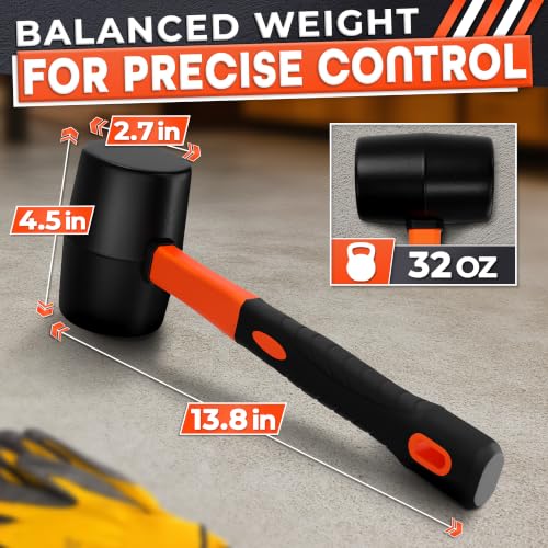 Rubber Mallet Hammer 32 Oz (2 lb), Soft Face Non-Marring Head Orange