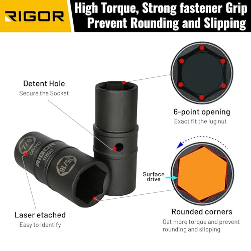 RIGOR 11386 1/2-Inch Drive Wheel Lug Nut Flip Socket Set, 5-piece | Impact, Cr-Mo Steel | 8-IN-4 Flip Socket, 17mm,19mm, 21mm, 22mm Metric Sizes & 3/4-Inch,13/16-Inch, 7/8-Inch,15/16-Inch SAE Sizes