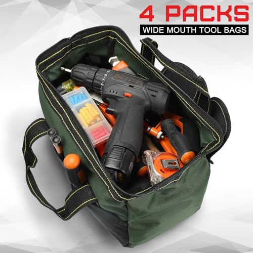4 Pieces Tool Bag with Waterproof Strong Molded Base Multi Pockets Wide Mouth Tool Tote Multifunctional Large Capacity Organizer Heavy Duty Tools Storage Bag for Men Carpenter Electrician 13 Inch Multicolor