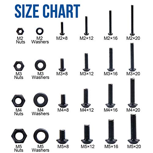 NINDEJIN M2 M3 M4 M5 Carbon Steel Hex Socket Head Cap Screw Bolts & Flat Washers & Nuts Assortment Kit (Socket Head + Round Head)