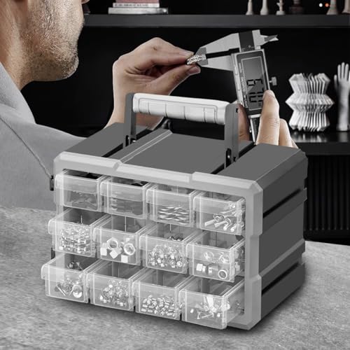 Parts Storage Box with 12 Drawers Removable Compartments Portable Plastic Tool Organizer Rectangular Drawer Boxes for Hardware and Craft Storage