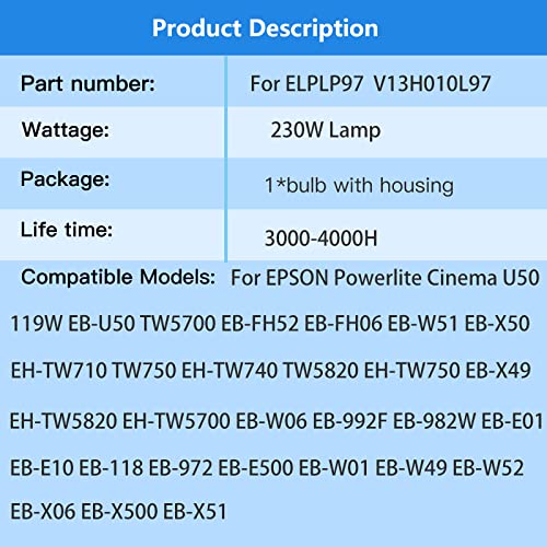 Suitable for ELPLP97 ELPLP96 Replacement Projector Lamp for EPSON V13H010L97 Powerlite Home Cinema U50 880 2250 2200 VS260 Pro EX9240 9230 EX3280 EX7280 5280 EB-U50 TW5700 FH52 W51 W50 X50 Bulb 230.0 Watts