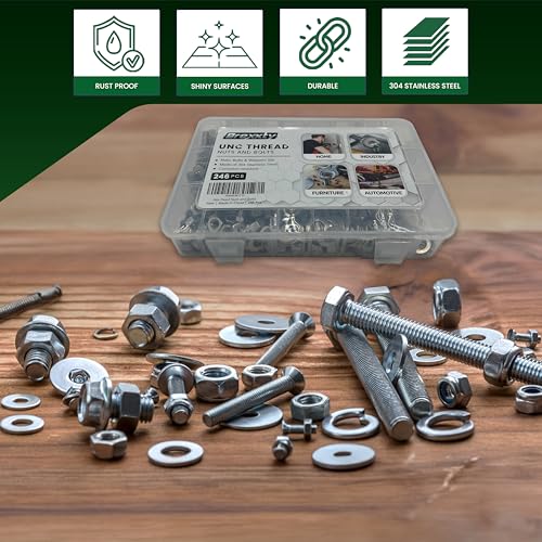 246 Hex Bolts, Nuts, Washers Assortment Kit, 304 Stainless Steel Hex Head Heavy Duty