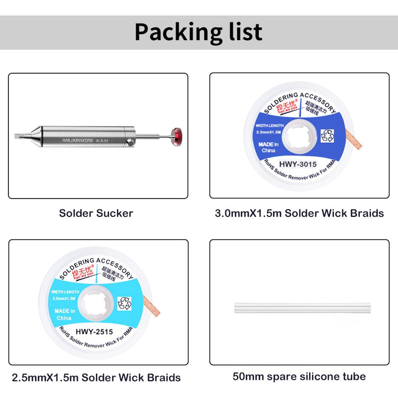 Owootecc Desoldering Pump, No Clogging, Aluminum Alloy Desoldering Pump, Desoldering Tool with 1 Silicone Nozzle, 2 Solder Wick Braids, Stronger Suction for Solder Removal