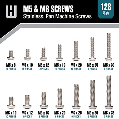 128 Piece Fastener Assortment Kit, Metric JIS Pan Phillips Machine Screw Set, M5 and M6 Diameters, Gray, Stainless Steel