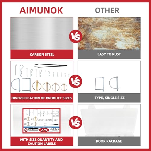 AMUNOK 279Pcs Heavy Duty Carbon Steel Pin Assortment, Hitch Lock & R-Clip Assorted Pins x 279 18 Sizes