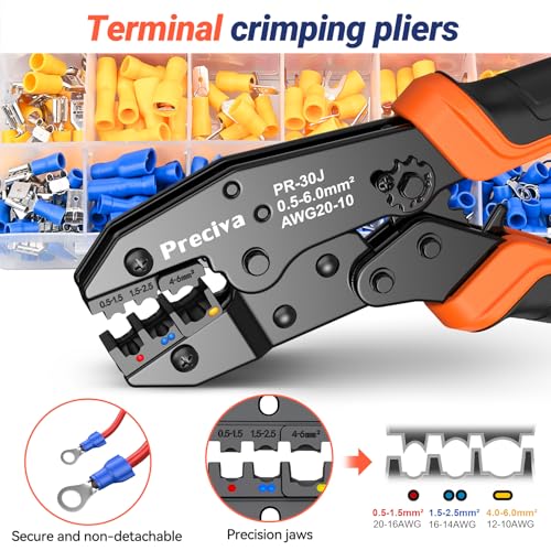Preciva Crimping Tool Kit for Insulated Wire Connectors, AWG20-10 Ratcheting Wire Terminal Crimper with 400Pcs Insulated Connectors RC50400