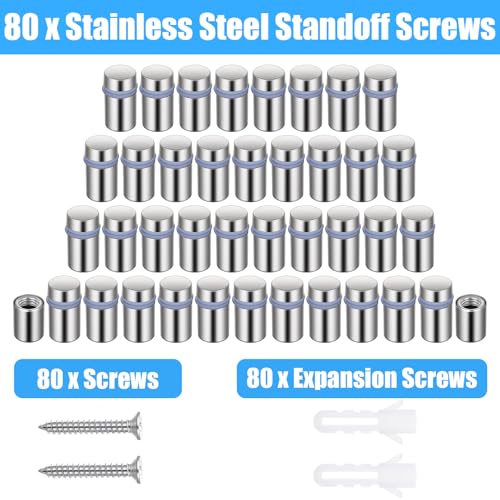 80PCS 1/2 x 3/4 Inch Stainless Steel Standoff Screws, Metal Standoff Pin Wall Mounting Hardware Kit for Acrylic Glass Sign Picture Frame Advertising Display