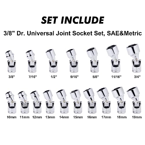 CASOMAN 17PCS 3/8" Drive Universal Flex Socket Set, SAE&Metric, 3/8" to 3/4", 10mm to 19mm, 6-Point, CR-V, Swivel Head, 360 Degree Access 3/8"Dr. Metric & SAE