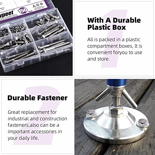 Swpeet 150PCS M8x30/35/50/65/75mm 304 Stainless Steel Hex Lag Bolts Screws and Flat Washers with Lock Washers Assortment Kit, M6 M8 Hexagon Head Wood Screws Lag Bolts and M6 M8 Flat Lock Washers