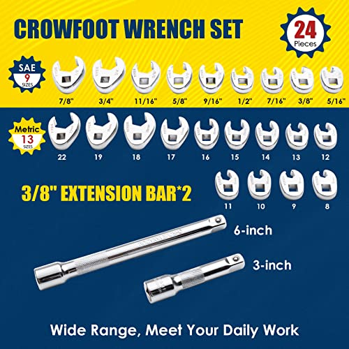 YIYEIE 3/8" Drive Crows Foot Wrench Set, 24PCS Flare Nut Crowfoot Wrench Set, Metric & SAE, 8-22mm & 5/16"-7/8", CR-V Steel, Crows Feet Wrench Set with 2 Extension Bars, Line Wrench Set with EVA Foam 6-Point Metric & Sae 24pcs