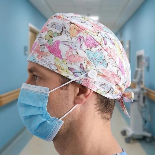 Pack of 4 Surgical Caps with Buttons, Cotton Nurse with Sweatband, Bandana Work Caps, Adjustable Surgical Hat for Women and Men (B) B