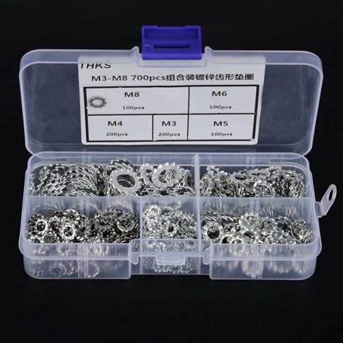 Oumefar 700Pcs Serrated Lock Washer Kit,Stainless Steel Galvanized Internal Star Tooth Lock Washers Fastening Tool Assort Set with Box, External Tooth Washers Assortment Set(M3/M4/M5/M6/M8)