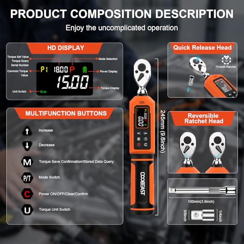 1/4 Drive Digital Torque Wrench,Preset Value(0.33-22.1 Ft.lbs./0.45-30Nm) Orange 1/4-inch (0.33-22.1 Ft.lbs./0.45-30Nm)