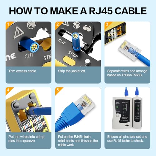 Ethernet Crimping Tool RJ45 /RJ11 Crimp Tools,CAT5 Cat5e Cat6 RJ45 Crimping Tool Kit With Multiply Cable Stripper, Blades,50PCS Cat6 Connectors, 50PCS Boots,Wire Cutter EM-CR2