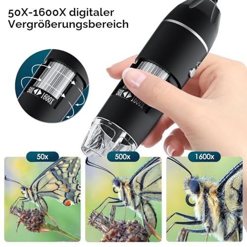 USB Digital Microscope, SKYBASIC Handheld HD Inspection Camera with 50x to 1600x Magnification and Adjustable Stand, 8 LED Lights, Compatible with iOS and Android Devices black