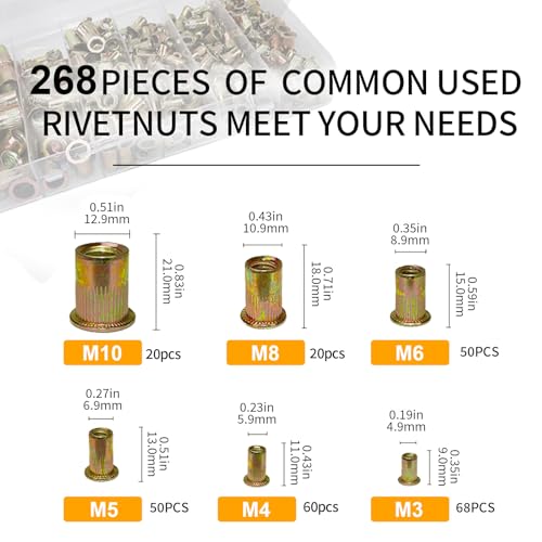 Metric Stainlesss Steel & Carbon Steel Rivet Nuts Assortment Kit, 6 Sizes and 504Pcs Rivnut Sets for Automotive and Sheet Metal