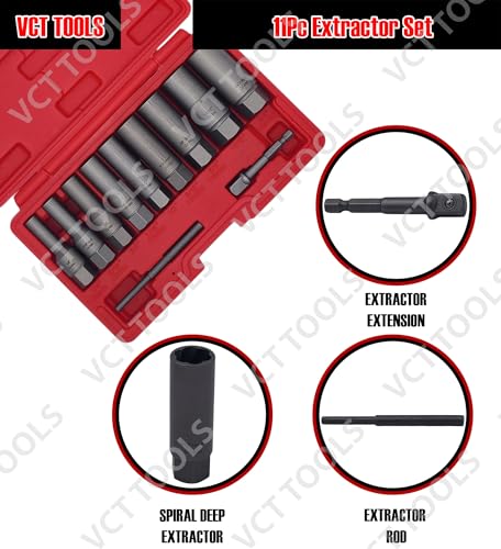 VCT 11pc 3/8 Dr Spiral Deep Deepwell Extractor Set for Removing Studs, Bolts, Fittings, Spark-Plugs, Broken nuts, Threaded Tubes, Lug nuts