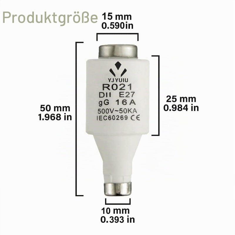 10 x R021 DII E27 Ceramic Fuse Inserts 16A 500V 50ka gG