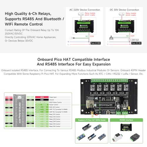 Waveshare Industrial 6-Channel ESP32-S3 WiFi Relay Module, Onboard RS485/Pico Hat Interfaces, with Multiple Insulation Protection Circuits, Industrial-Grade, Rail-Mount Case