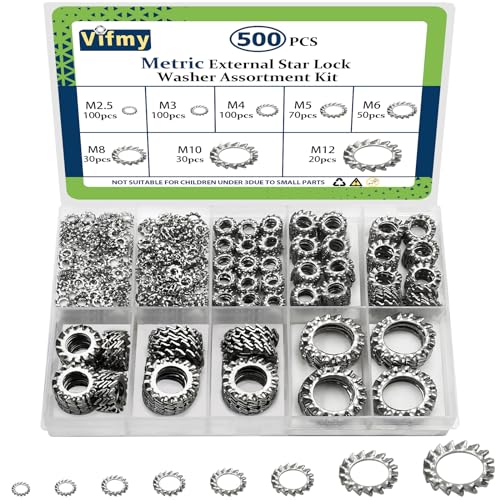 500 PCS 304 Stainless Steel External Tooth Lock Washers Assortment Kit and 500 PCS Steel Black Oxide Finish Internal Tooth Star Lock Washers