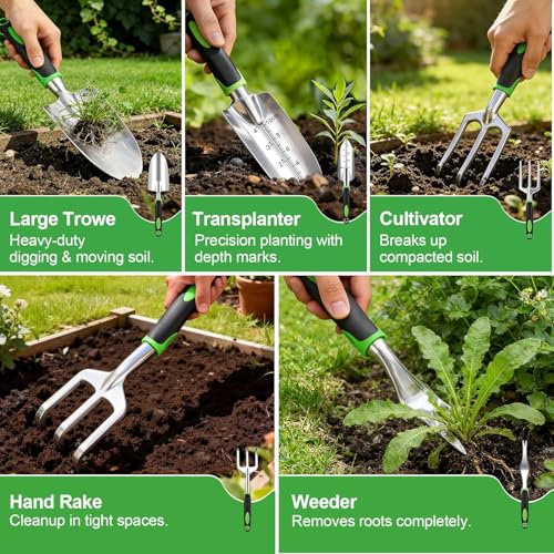 11-Piece Garden Tools Set – Heavy Duty Aluminum Alloy Hand Tools with Ergonomic Non-Slip Handles, Rust Resistant – Includes Trowel, Rake, Pruner & Carry Tote Bag – Gardening Kit for Women & Men