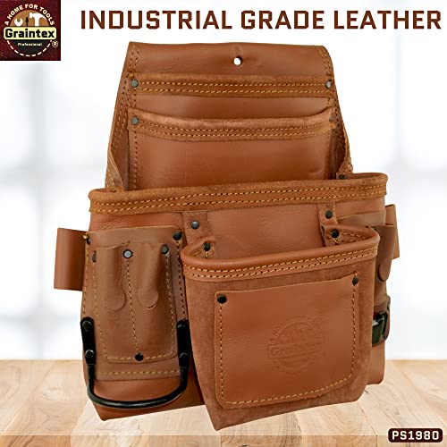 Graintex PS1980 :: 10 Pocket Nail & Tool Pouch Tan Color Industrial Grade Leather; for Handyman, Constructors, Plumbers, Electrician