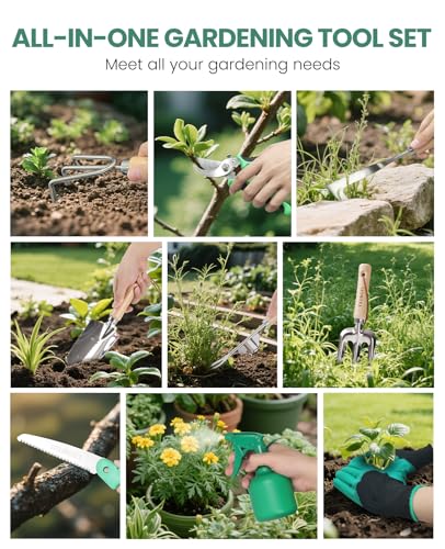 Gardening Tools - 10 Piece Heavy Duty Gardening Hand Tools Stainless Steel Garden Tools with Wooden Handle, Storage Garden Bag, Gardening Gifts for Women and Men
