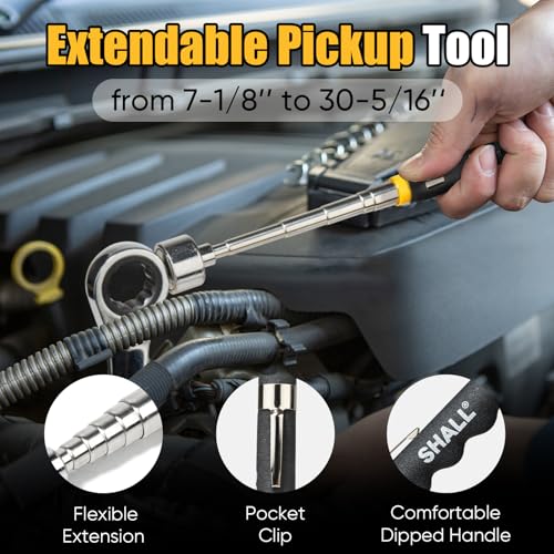 SHALL 3-Piece Magnetic Tool Parts Mat and Telescoping Magnetic Pickup Tool, Flexible Magnetic Tool Holder Pad W/ 83 Built-In-Magnets & 25LBS Pull Force Extendable Magnet for Mechanic Wrench Screw Bolt 3PC Magnetic Mat with Pickup Tool