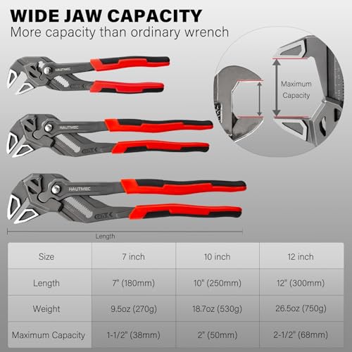 HAUTMEC 3PCS Adjustable Pliers Wrench Sets (7 10 12"), Smooth Jaw Parallel Pliers, Heat-Treated CR-V Steel & Phosphated Rust-Resistant, SAE/Metric Scale, Storage Belt Pouch for Professional & DIY 7&10&12 Inch