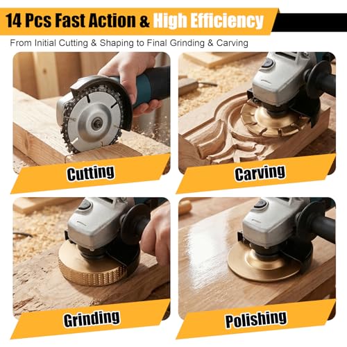 14PCS Wood Carving Disc Set for 4" or 4 1/2" Angle Grinder, Stump Tool Grinding Wheel Disc with 5/8" Adapter Ring & Wrench Wood Shaping for Cutting Carving Grinding Sanding Polishing
