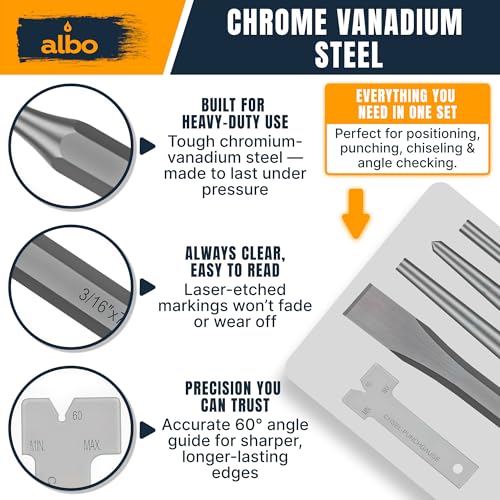 ALBO Punch and Chisel Set 16 PCS – Chrome Vanadium Steel Punch Set with Pin Punches, Center Punch & Chisels, Multi-Size Tool Kit with Storage Pouch for Automotive, Metal & DIY Projects Set 16pcs (Blue)