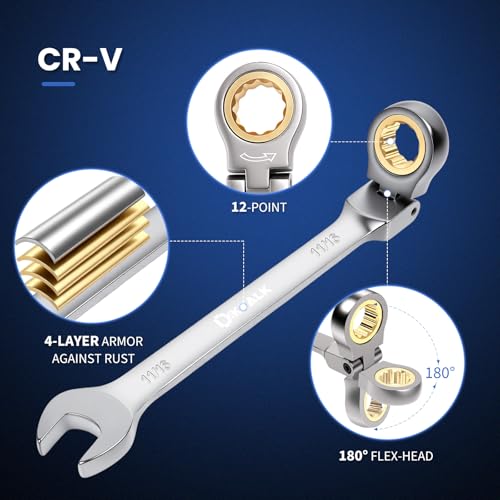 8PCS Flex Head Ratcheting Wrench Set, SAE 1/4"-3/4", 72-Tooth CR-V Steel with Rolling Pouch for Automotive Repair & Mechanics